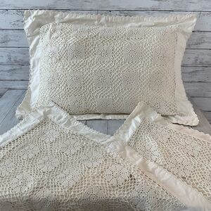 Set of 3 Elegant Cream Lace Pillow Shams, crocheted lace, standard size shams
